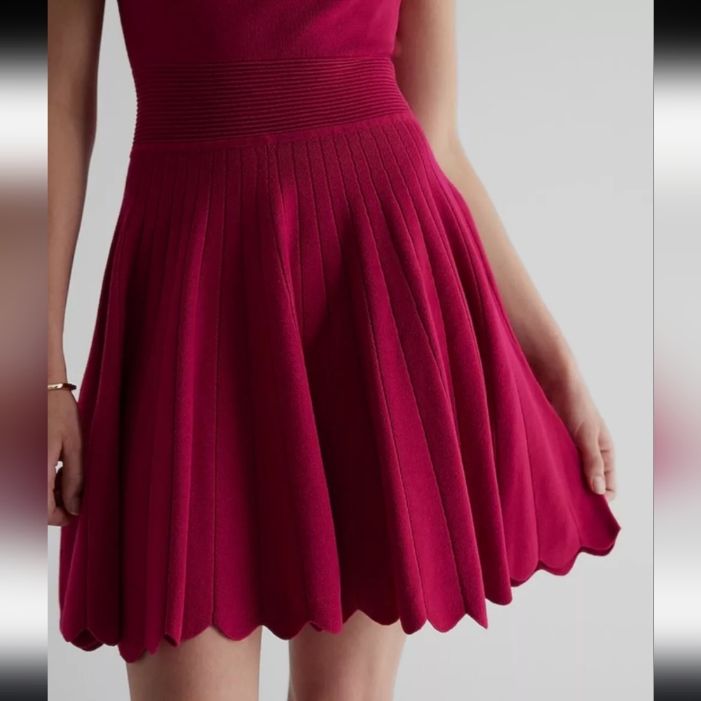 Express Red Scallop Neck Fit-and-Flare Dress - Picture 5 of 16